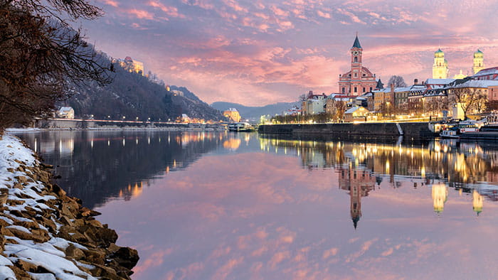 Passau at sunset in winter, Germany